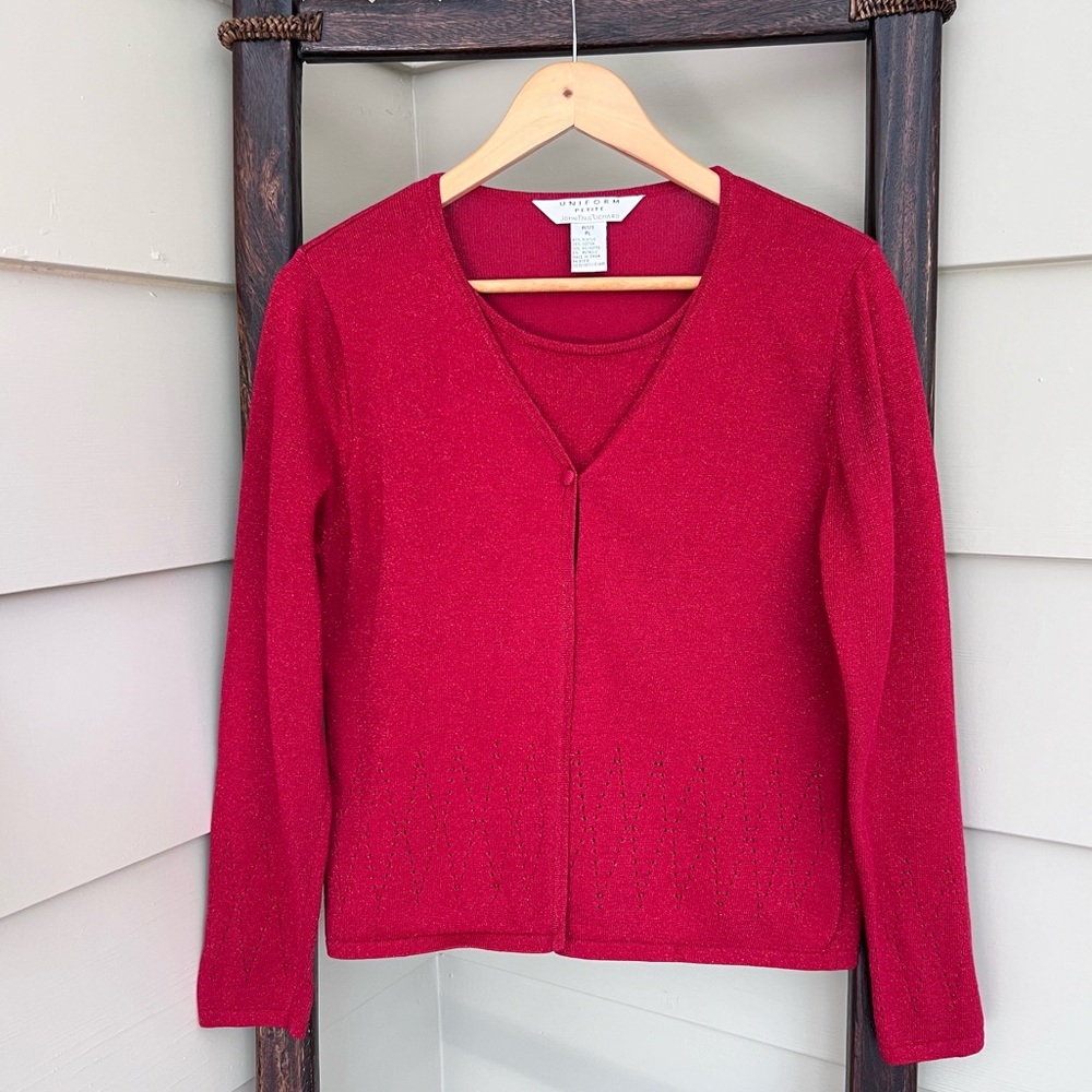 John Paul Richard Metallic Shimmer Red Cardigan Uniform Petite Large Camisole